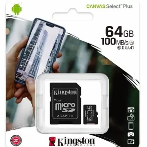 Kingston micro SD Memory Card 64GB Canvas Select Plus 100MB/S A1 C10 + ADP